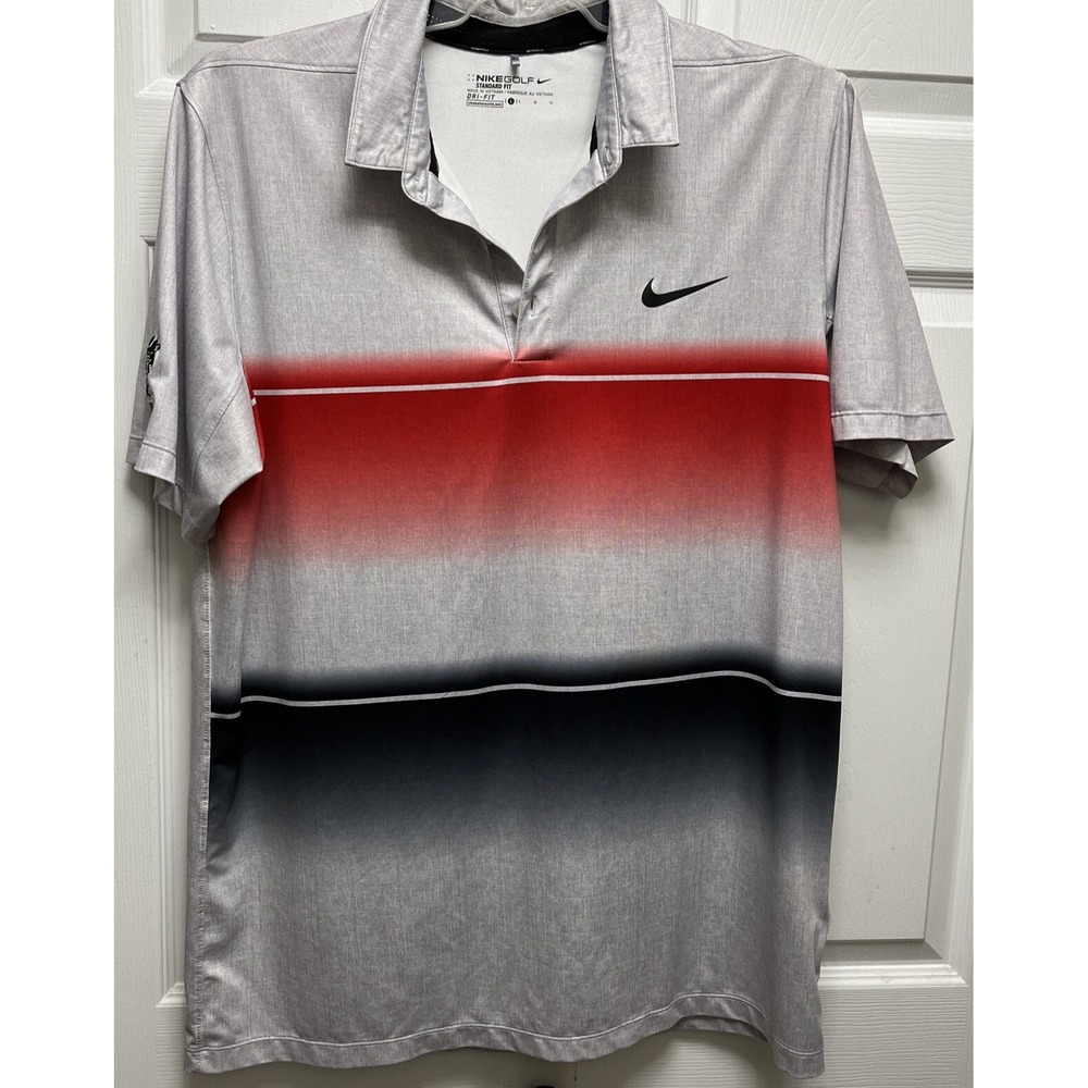 Nike Men's Golf Dry Fit Large Gray And Red WoodField Golf Course On Sleeve